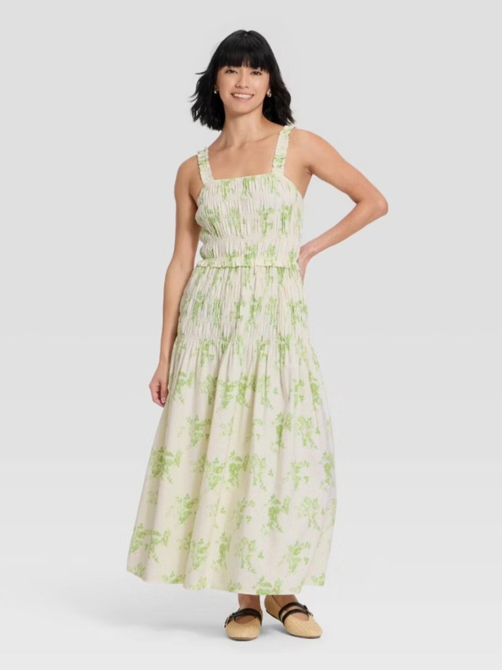Women's Smocked Maxi A-Line Dress - Universal Thread Green Floral S